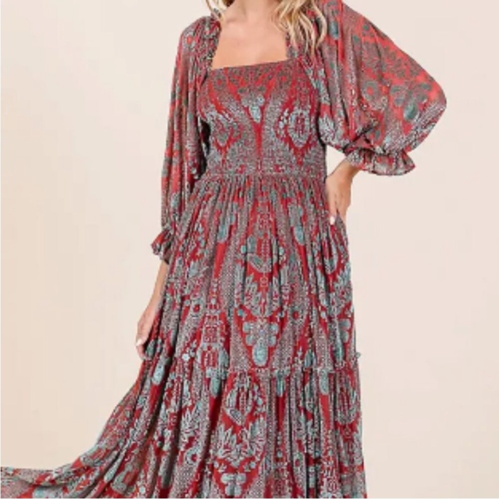 Elegant Red and Blue Maxi Dress